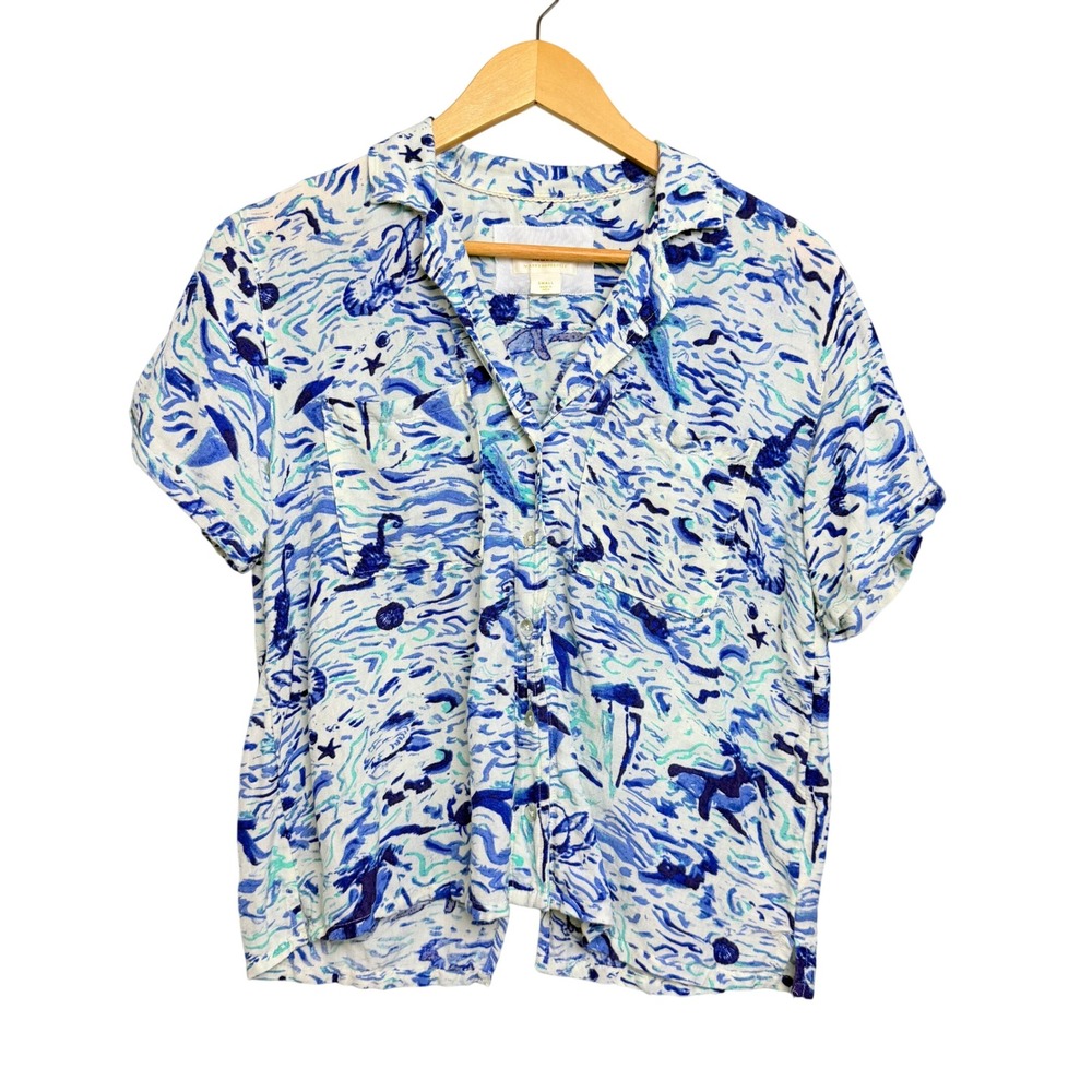 Maeve Anthropologie Blue Sea Life Nautical Linen Blend Button Down Shirt‎ Small
